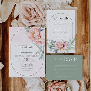 Wedding Invitation Template Suite DIY. Modern Wedding Invite. Wedding Invitation. Floral. Flowers. Pink. Pink Watercolor. Peonies. image 1