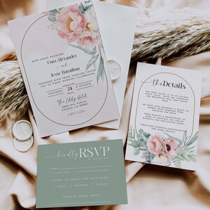 Wedding Invitation Template Suite DIY. Modern Wedding Invite. Wedding Invitation. Floral. Flowers. Pink. Pink Watercolor. Peonies. image 2