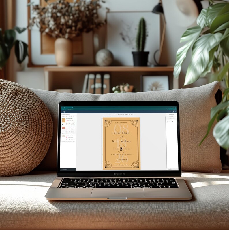 May include: A laptop displaying a wedding invitation design. The invitation features a tan background with decorative black borders and the names "Helena Laine" and "Kelle William." The number "18" is prominently displayed. The laptop is open on a beige couch.