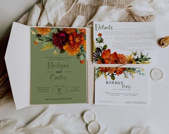 Floral Wedding Invitation Template Set, DIY Botanical Invite, Editable Wedding Invite, Modern Invitation, Boho Flower Invite