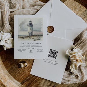 Lighthouse Wedding Invitation Template Set, Watercolor Wedding Printable Invitation, QR Code Watercolor Invitation, DIY Wedding Invite Card image 4