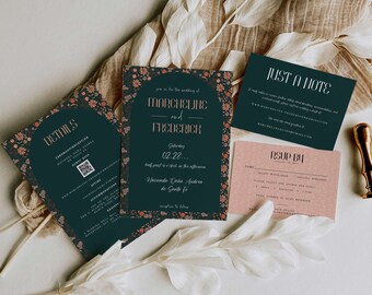 Vintage Floral Wedding Invitation Template Set, DIY Wedding Printable Invite, Modern Invite, Editable Wedding Invite, DIY QR Code Invite