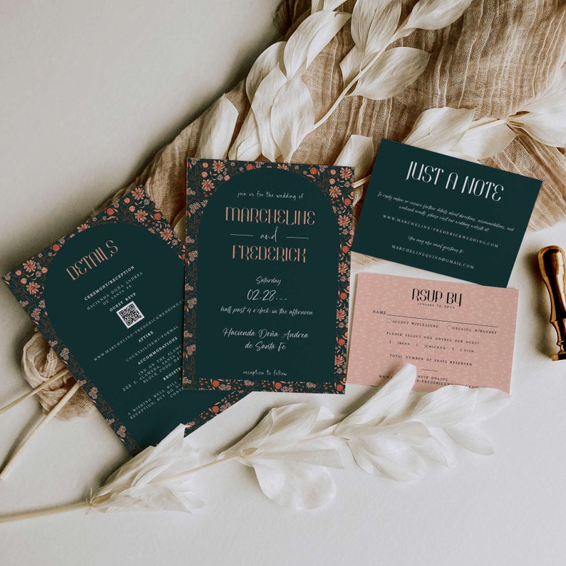Vintage Floral Wedding Invitation Template Set, DIY Wedding Printable Invite, Modern Invite, Editable Wedding Invite, DIY QR Code Invite image 1