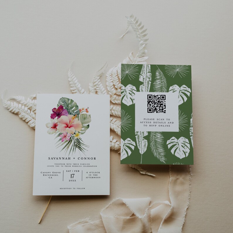 Tropical Wedding Invitation Template, Hibiscus Wedding Printable Invite, QR Code Palm Leaf Invite, DIY Hawaiian Wedding Invite, Paradise image 3