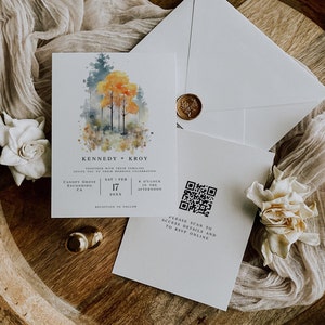 Autumn Trees Wedding Invitation Template, Fall Watercolor Wedding Printable Invite, QR Code Watercolor Invitation, DIY Wedding Invite