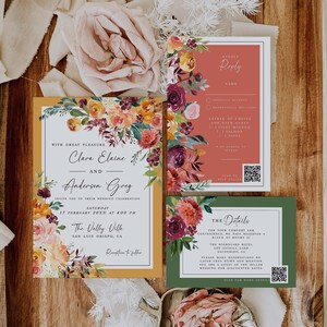 Ensemble de modèles dinvitation de mariage de printemps, invitation imprimable à laquarelle de fleurs de printemps, invitation à la fleur de code QR, invitation de mariage de bricolage de verdure image 1