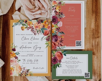 Spring Wedding Invitation Template Set, Spring Flower Watercolor Printable Invite, QR Code Flower Invitation, Greenery DIY Wedding Invite