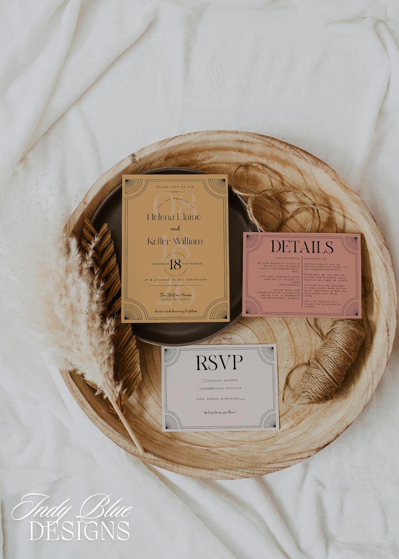 May include: A set of wedding invitation cards in a vintage art deco style. The cards are in shades of gold, pink, and white, with black text. The invitation includes the names Helena Elaine and Keller William, and the date September 18.
