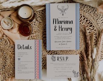 DIY Southwestern Wedding Invitation Template Set, DIY Rustic Wedding Invite, Longhorn Wedding Invite, Modern, Editable Cactus Wedding Invite