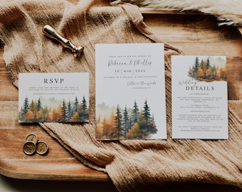 Evergreen Wedding Invitation Template Set, Watercolor Wedding Printable Invite, Modern Invite, DIY Autumn Wedding Invite, Fall Invitation