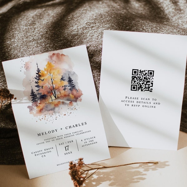 Autumn Trees Wedding Invitation Template Set, Fall Watercolor Wedding Printable Invite, QR Code Watercolor Invitation, DIY Wedding Invite