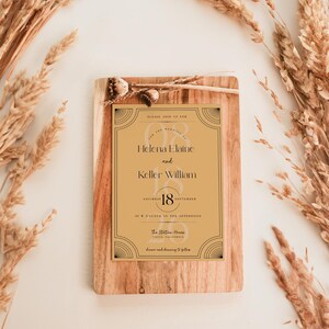 May include: A wedding invitation featuring the names Helena Elaine and Keller William, with the date September 18th. The invitation is on a wooden board with decorative elements and dried plants. The design has a vintage style.