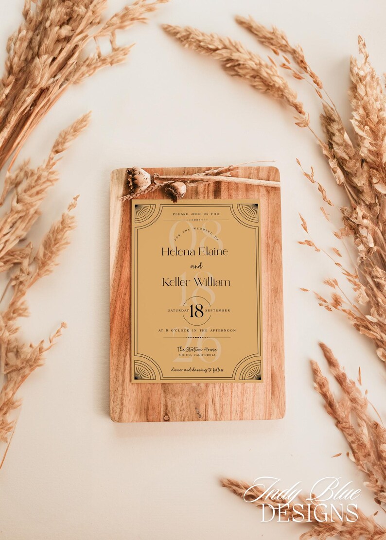May include: A wedding invitation featuring the names Helena Elaine and Keller William, with the date September 18th. The invitation is on a wooden board with decorative elements and dried plants. The design has a vintage style.