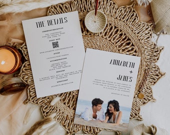 Beach Photo Wedding Invitation Template, Minimalist Photo Wedding Invite, Modern Wedding Invite, Boho Photo Wedding Invite, QR Code Invite