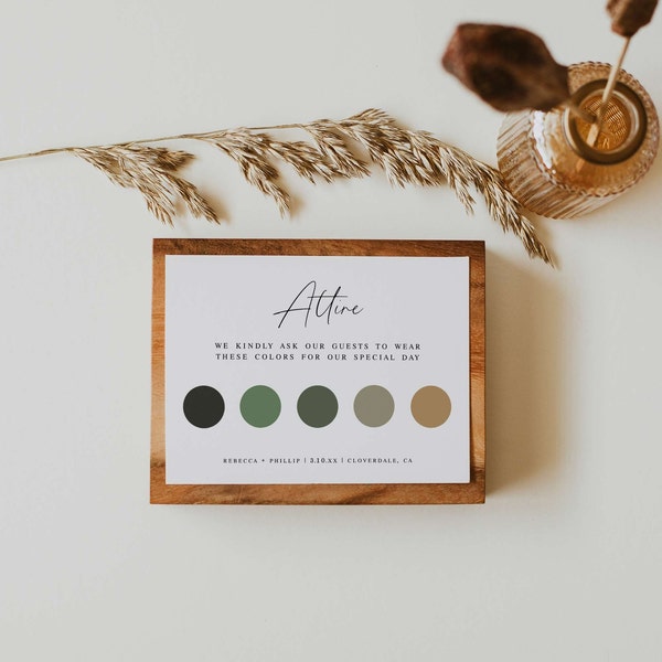 Wedding Attire Card Template, Wedding Color Palette Card, Color Palette Card, Guest Dress Code Insert, DIY Modern Wedding Attire Template