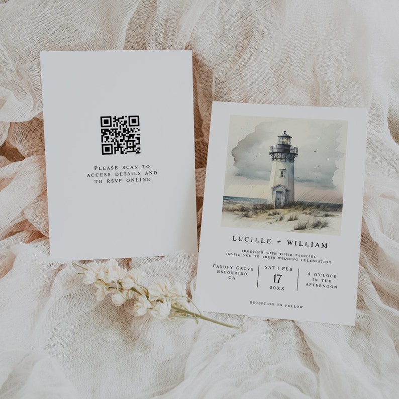 Lighthouse Wedding Invitation Template Set, Watercolor Wedding Printable Invitation, QR Code Watercolor Invitation, DIY Wedding Invite Card image 3