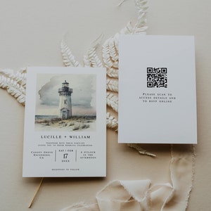 Lighthouse Wedding Invitation Template Set, Watercolor Wedding Printable Invitation, QR Code Watercolor Invitation, DIY Wedding Invite Card image 1