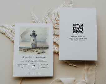 Lighthouse Wedding Invitation Template Set, Watercolor Wedding Printable Invitation, QR Code Watercolor Invitation, DIY Wedding Invite Card