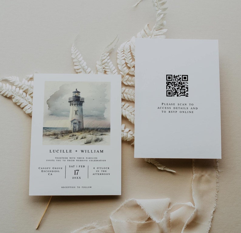 Lighthouse Wedding Invitation Template Set, Watercolor Wedding Printable Invitation, QR Code Watercolor Invitation, DIY Wedding Invite Card image 1