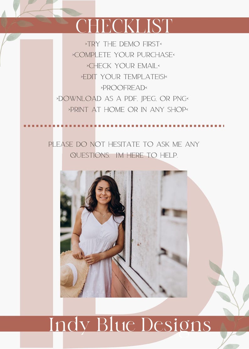 May include: A digital checklist with instructions, including "Try the demo first" and "Download as a PDF." The image features a woman in a white dress holding a straw hat. The text "Indy Blue Designs" is at the bottom.