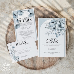 Unique Wedding Invitation Template Set Modern DIY Announcement Blue Floral Accents Customizable Printable Invite Wedding Stationary AANYA
