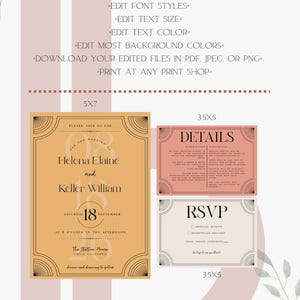 May include: Wedding invitation suite with a vintage design. The suite includes a 5x7 invitation, a 3.5x5 details card, and a 3.5x5 RSVP card. The design features an art deco style with a color palette of peach, cream, and gold.