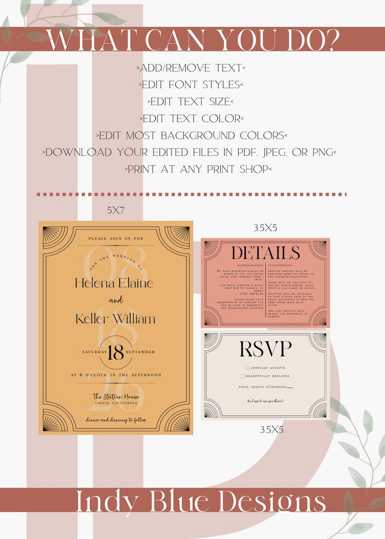 May include: Wedding invitation suite with a vintage design. The suite includes a 5x7 invitation, a 3.5x5 details card, and a 3.5x5 RSVP card. The design features an art deco style with a color palette of peach, cream, and gold.