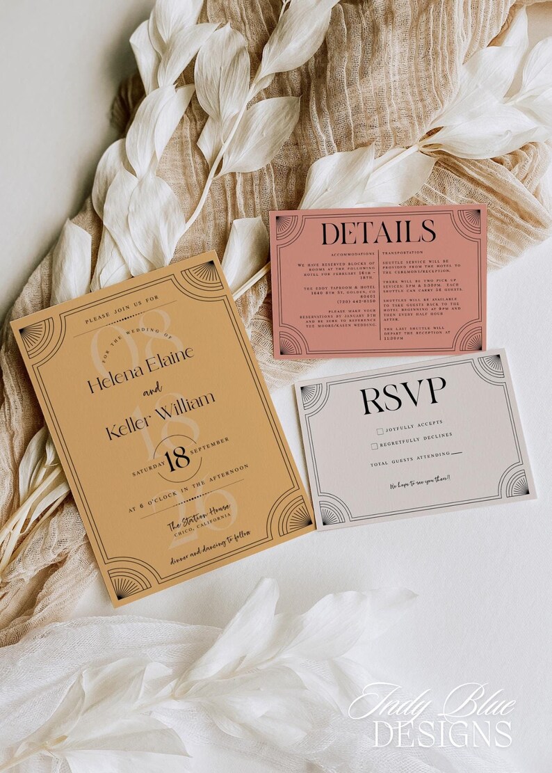May include: Wedding invitation suite featuring a gold invitation card with black text, a pink details card, and a light gray RSVP card. The cards have an art deco design with geometric borders and the names Helena Elaine and Keller William.