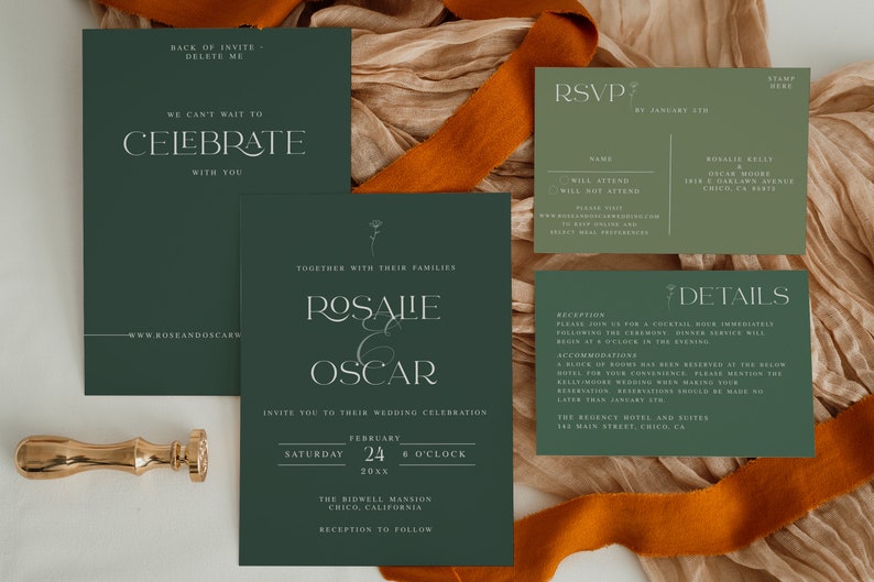 Wedding Invitation Template Suite DIY. Modern Wedding Invite. Wedding Invitation. Sage Green. Green. Minimalist. Forest Green. image 1