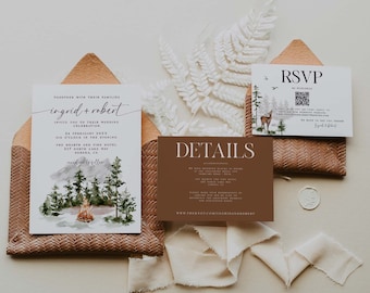 Campfire Wedding Invitation Template Set, Outdoor Wedding Printable Invite, DIY QR Code Wedding Invite, Evergreen Wedding Invitation