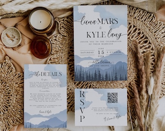 Wedding Invitation Template Suite - DIY Wedding Invite. Wedding Invitation. Mountains. Pine Trees. Blue Watercolor.