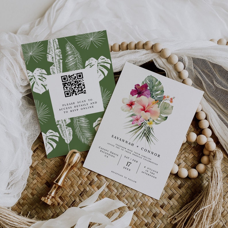 Tropical Wedding Invitation Template, Hibiscus Wedding Printable Invite, QR Code Palm Leaf Invite, DIY Hawaiian Wedding Invite, Paradise image 1