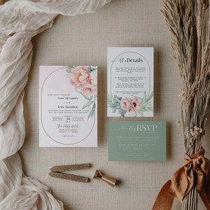 Wedding Invitation Template Suite DIY. Modern Wedding Invite. Wedding Invitation. Floral. Flowers. Pink. Pink Watercolor. Peonies. image 5