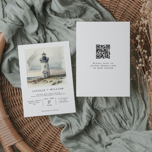 Lighthouse Wedding Invitation Template Set, Watercolor Wedding Printable Invitation, QR Code Watercolor Invitation, DIY Wedding Invite Card image 2