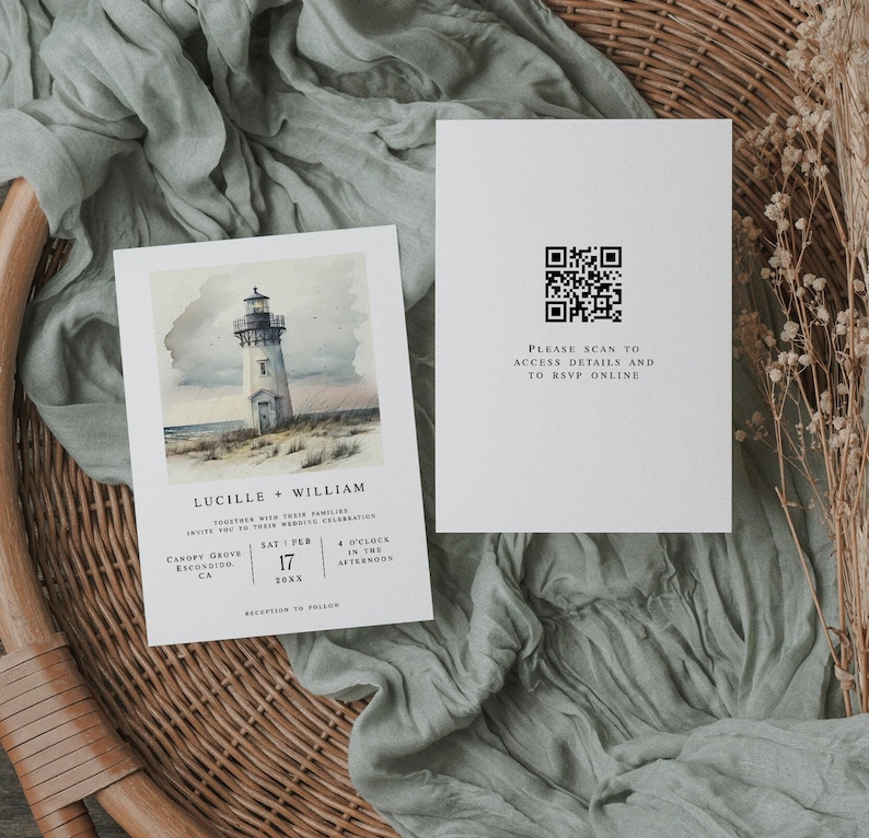 Lighthouse Wedding Invitation Template Set, Watercolor Wedding Printable Invitation, QR Code Watercolor Invitation, DIY Wedding Invite Card image 2