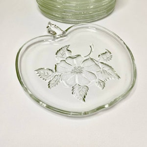 Set Of 8 Vintage Hazel-Atlas Apple Shaped Glass Plates With Floral Design