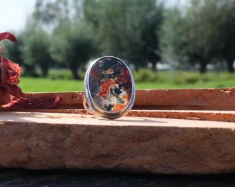 Großer grüner und roter Moosachat-Ring aus Sterlingsilber