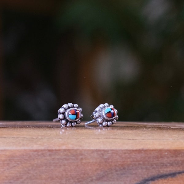 Zuni old vintage sterling silver multi-stone inlay stud earrings Native American