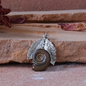 Op de afbeelding: Een zilveren hanger met een gefossiliseerde ammoniet, tegen een achtergrond van zilveren bladeren. De hanger wordt getoond op een getextureerd, roodbruin oppervlak, met gedroogde bloemblaadjes op de achtergrond. De ammoniet heeft een spiraalvorm.