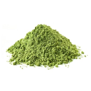 May include: A pile of bright green matcha powder, a finely ground green tea powder, isolated on a white background.