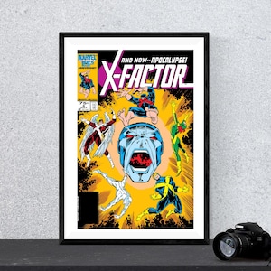 Puede incluir: Una portada de cómic con el equipo X-Factor. La portada es amarilla, roja y azul con una gran imagen de Apocalipsis en el centro. El texto "X-Factor" está en letras grandes y negritas y el texto "And Now... Apocalypse!" está en letras más pequeñas encima del título.