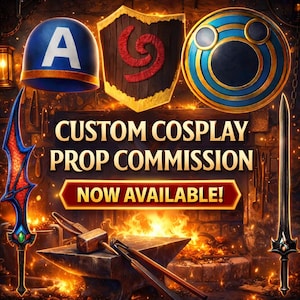 May include: A digital display featuring a blue helmet with a white A, a wooden shield with a red spiral, and a circular blue and gold emblem. Text reads CUSTOM COSPLAY PROP COMMISSION NOW AVAILABLE. A sword, anvil, and hammer are visible below.