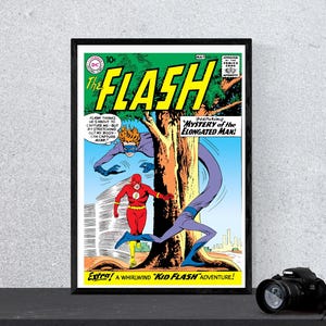 Könnte beinhalten: Ein Vintage-Comic-Cover mit The Flash, einem Superhelden in einem roten und gelben Kostüm, der vor einer lila und blauen Kreatur mit verlängerten Gliedmaßen davonläuft. Das Cover trägt den Titel "The Flash" und enthält den Text "Mysterium des Dehn-Mannes!" und "Extra! Ein Wirbelwind-Abenteuer von "Kid Flash"!"