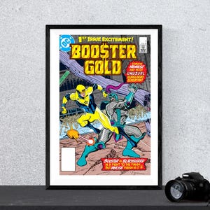 Könnte beinhalten: Ein Comic-Cover mit einem gelben und blauen Superhelden, Booster Gold, der gegen einen schwarzen und grünen Schurken, Blackguard, kämpft. Der Text auf dem Cover lautet "1st Issue Excitement! Booster Gold. Comics Newest and Most Unusual Superhero Sensation. Booster vs Blackguard. In a fight to the finish, but whose finish is it?"