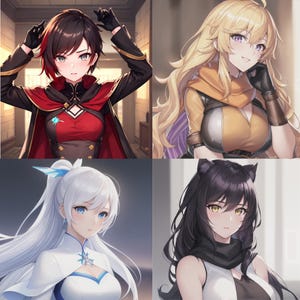 May include: Four anime characters with different hair colors and styles. The characters are all women with different outfits. The first character has red hair and is wearing a red and black outfit. The second character has blonde hair and is wearing a yellow and brown outfit. The third character has white hair and is wearing a white and blue outfit. The fourth character has black hair and is wearing a black and white outfit.