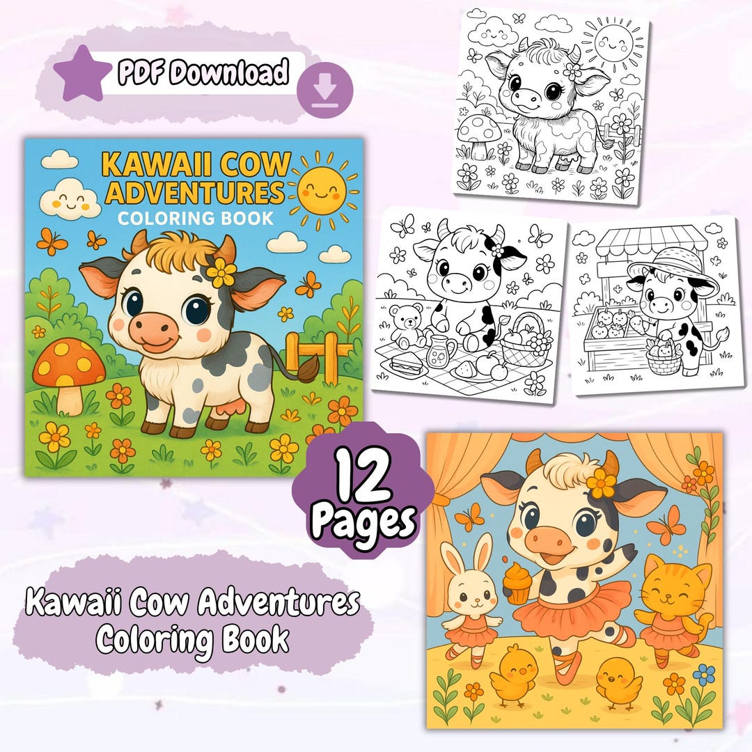 Kawaii Cow Coloring Pages for Kids, Cute Printable PDF Animal Coloring ...