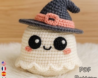 Patrón Amigurumi Fantasma en Crochet PDF, Peluche con Sombrero de Bruja para Halloween, Tutorial Fácil para Principiantes