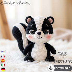 May include: A handmade crochet skunk with a black and white body, a fluffy tail, and pink cheeks. The skunk is sitting on a white, fluffy surface. The image includes the text "PDF Pattern" and a download button.