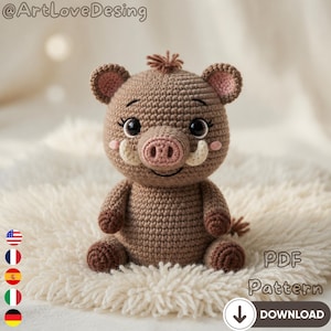 Vildsvins-Amigurumi-mönster i PDF-format, handledning för skogsmarksplyschleksak, kawaii-virkad present