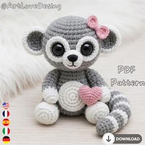 Cute Lemur Girl Amigurumi Pattern PDF, Crochet Lemur Plush Toy, Kawaii Animal Doll, DIY Crochet Pattern, Stuffed Lemur Toy, Instant Download